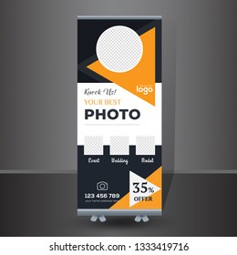 Creative Roll-up  Banner design, Photography concept. Graphic template roll-up for exhibitions, banner for seminar, layout for placement of photos. Universal stand for conference - Vector