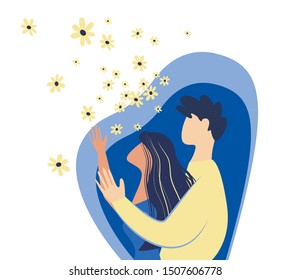 Creative Romantic Composition with Loving Couple. Man Hugging Woman from Back Holding her Hands with Randomly Flying Flowers around in Air. Love Story Scene in Film. Cartoon Flat Vector Illustration