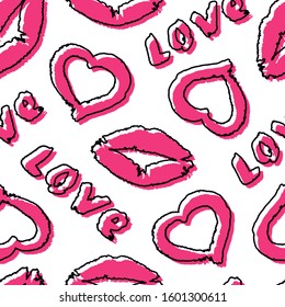 Creative romantic concept. Cute background doodle art. Seamless pattern. Avant-garde collage style. Hand drawn lettering, hearts, lips prints. Design for girl. Symbols love. Contoured, pink shadows