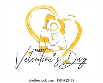 Creative Romantic Couple holding Hat in Heart Shape made by Yellow Brush for Happy Valentine's Day.