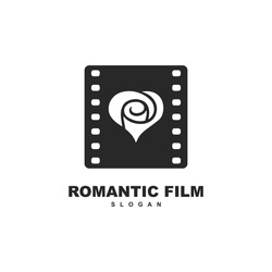 Creative Romantic Film With Rose Flower And Film Strip Logo Design