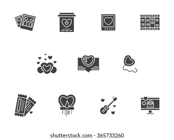Creative romantic gifts and greetings, original love proposal. Valentines Day theme, love symbols. Set of flat black silhouette vector icons. Elements for web design and mobile.
