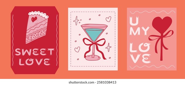 Creative romantic greeting cards featuring cake, cocktail, and heartfelt messages for special occasions