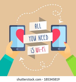 Creative romantic illustration with smartphones and ribbon with slogan drawn in flat style