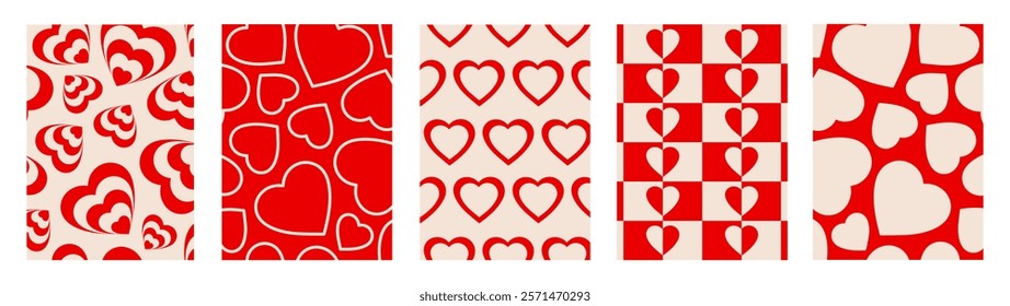 Creative romantic set vertical backgrounds in style retro. Happy Valentines day greeting card. Vector illustration. Beige and red colors
