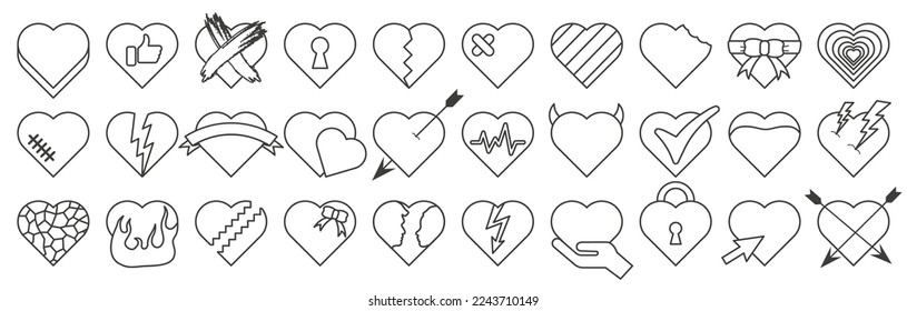 Creative romantic symbols of different shapes isolated on white background.