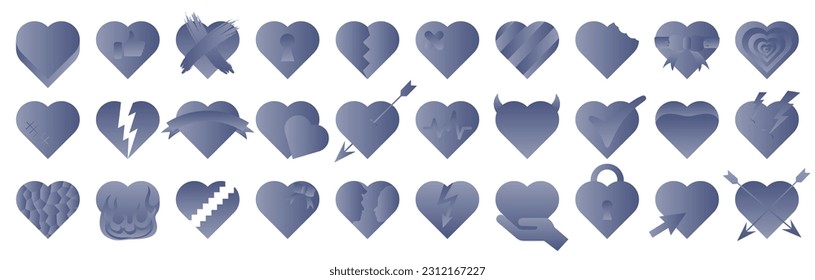 Creative romantic symbols in the shape of a heart, decorated with a light blue gradient, isolated on a white background. ESP 10.