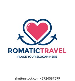 Plantilla de logotipo de viaje romántico creativo que combina una forma de corazón con una ruta de vuelo de avión. Ilustración vectorial apta para agencias turísticas, planificadores de vacaciones y viajes de citas.