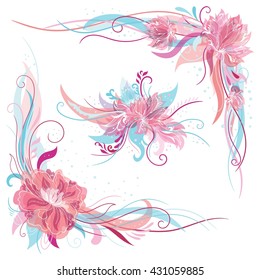 Creative Romantic  Vector Floral Ornaments | Tender corners and bouquet elements with swirls and lotus and peony flowers in blue and pink colors for wedding design