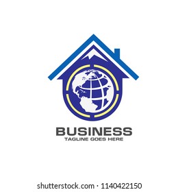 creative roofing logo combine with mountain and globe vector illustration
