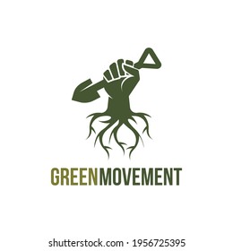 Creative Root hand holding shovel logo, green movement logo, gardening movement vector icon on white background