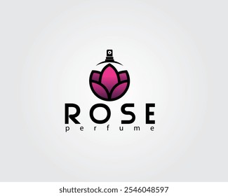 A rosa criativa mistura com o frasco de perfume indicando o perfume é feito de rosa essência logotipo design