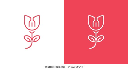 Creative Rose Fork Logo. Rose and Fork with Linear Outline Style. Romantic Luxury Restaurant Logo Icon Symbol Vector Design Template.