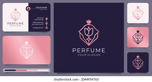 creative rose gold perfume logo template. luxury bottle perfume logo and business card design.