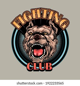 Creative round badge for fighting club vector illustration. Bright emblem with barking dog. Sport activity or martial arts concept can be used for retro template, banner or poster