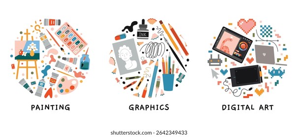 Creative Round compositions set of art supplies and tools for painting, drawing and digital illustration. Stationery for artists and designers. Trendy modern vector illustration, hand drawn, flat