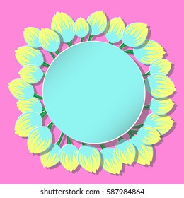 Creative round floral greeting card in bright retro 80s colors - vector eps 10, cut paper art style