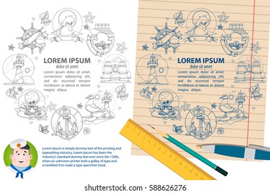 Creative Round frame with space for text. Marine theme. Resorts and marine travel on the ship.