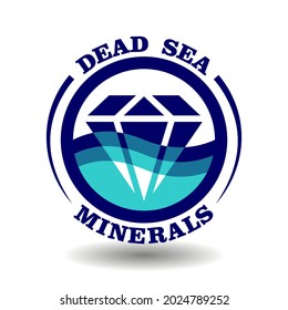 Logotipo creativo redondo Minerales del Mar Muerto con un icono de caricatura de diamantes de cristal en el símbolo de círculo de la ola azul del océano, signo de etiqueta del paquete para el producto contiene agua marina transparente sal mineral