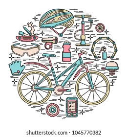 Creative round vector illustration of active lifestyle. Editable stroke design element. Perfect for sport club, bicycle rental and spare parts shop.