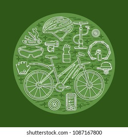 Creative round vector illustration of active lifestyle. Editable stroke design element. Perfect for sport club, bicycle rental and spare parts shop.