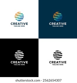 Creative round wave logo with colorful element. Swimming pool icon, beach, travel, outdoor business, emblem. Tourism. etc. Sign and symbol of wave. Orange blue. Strip flag. Abstract emblem. Vector.