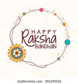 Creative rounded frame decorated with beautiful rakhi on shiny background for Indian festival, Raksha Bandhan celebration.