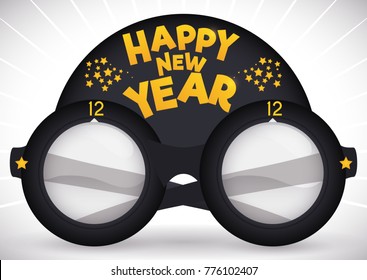 Creative rounded party googles for New Year party, decorated with golden stars and pointing to the midnight.