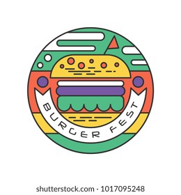 Creative round-shaped logo for burger fest. Line art with colorful fill. Street and junk food concept. Abstract vector design for sticker, festival flyer, promo poster