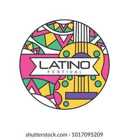 Creative Round-shaped Logo For Latino Festival. Music Folk Celebration. Abstract Emblem With Guitar. Line Art With Colorful Fill. Vector Design For Badge, Poster, Flyer