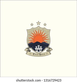 
creative royal logo with sun and fortress element, badge, vintage logo
