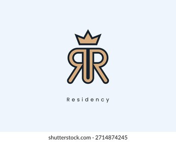 Logotipo creativo del monograma de RR con el ojo de la cerradura y la corona, marca moderna de los bienes raíces del arte de la línea