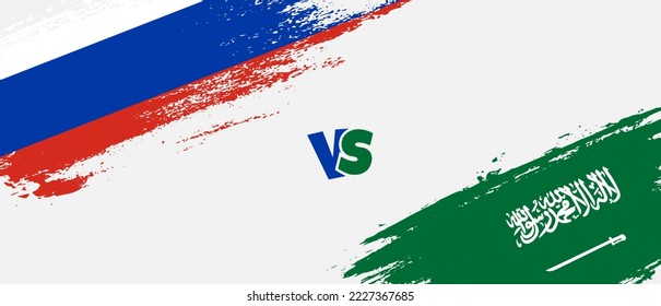 Creative Russia vs Saudi Arabia brush flag illustration. Artistic brush style two country flags relationship background