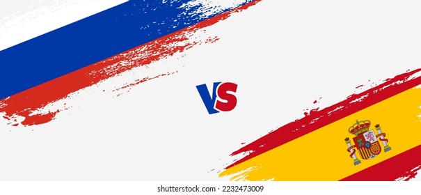 Ilustración de la bandera de Rusia creativa vs España. Estilo de pincel artificial dos indicadores de país fondo de relación