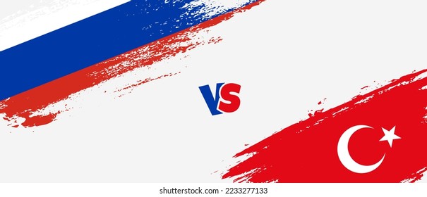 Creative Russia vs Turkey brush flag illustration. Artistic brush style two country flags relationship background