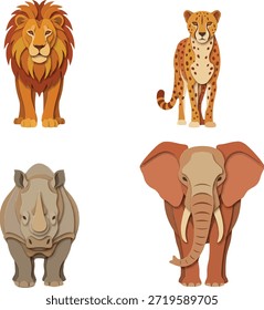 Criativo safári animais vetor conjunto com leão, elefante, rinoceronte e chita em papel corte estilo ilustração. Ideal para cartazes, arte de parede, decoração de berçário e projetos gráficos premium.