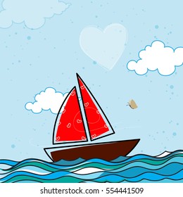 Creative Sailboat with Hearts in the sea for Happy Valentine's Day celebration.