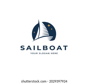 Creative Sailboat with Moon Vintage style Icon Logo Design Vector