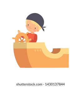 Creative Sailor Boy Character Playing Boat Made of Cardboard Boxes Cartoon Vector Illustration