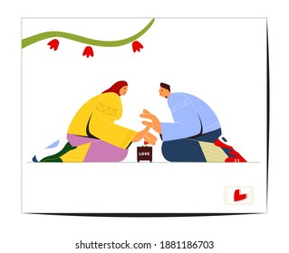 Creative Saint Valentine's Day Greeting Card Flat Vector Design. Couple Sitting On Knees Covering And Protecting Love Plant In Pot With Hands. Stylized Modern People Illustration. First Love Concept.