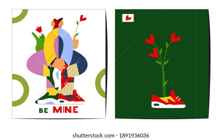 Creativas tarjetas de felicitación del Día de San Valentín. Diseño de vectores planos. Pareja Enamorada Manteniendo Las Manos. Ilustración estilizada de la gente moderna. 