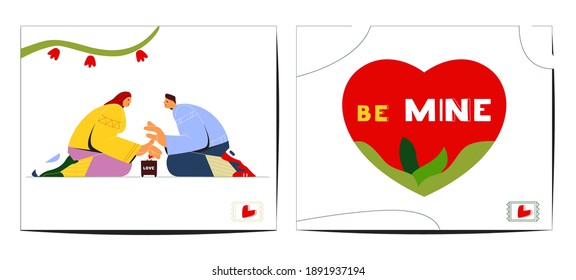 Creative Saint Valentine's Day Greeting Cards Flat Vector Design. Couple Sitting On Knees Covering And Protecting Love Plant In Pot With Hands. Stylized Modern People Illustration. First Love Concept.