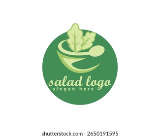 creative salad, lettuce logo, two lettuce leaves with circular spoon and bowl, logo design inspiration
