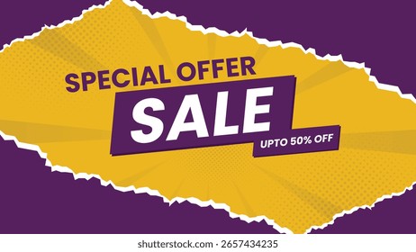 Fondo de venta creativo con efecto de papel rasgado en colores amarillo y púrpura, perfecto para anuncios de descuento y Anuncios promocionales