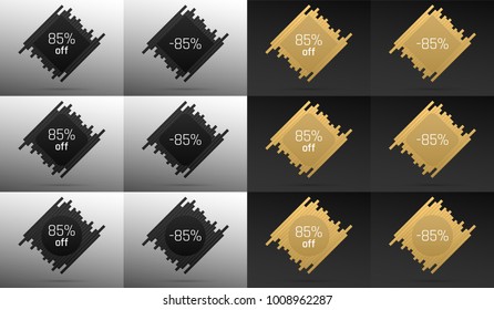 Creative Sale Banner with 85% Off. Offer of Price Discount on Background consisting of Bars with Metallic Black and Golden Color. Vector Collection of Sale Badges with Discount.