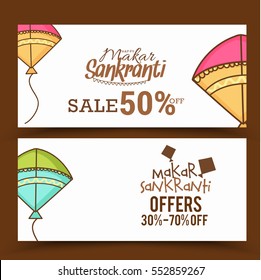 Creative sale banner or sale header for festival of Makar Sankranti celebration.