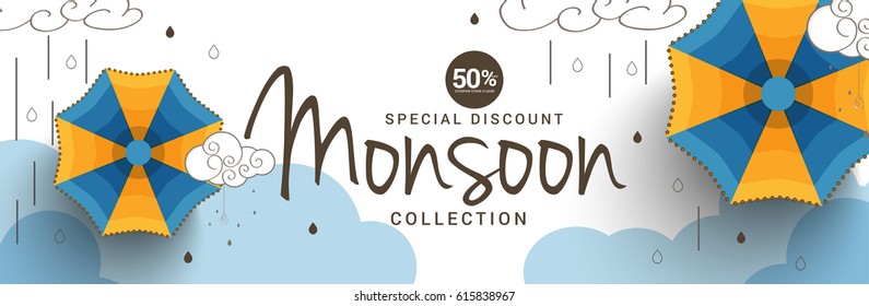 Creative Sale Banner Or Sale Header Of Monsoon Season With Colorful Umbrella,Text Space Background.