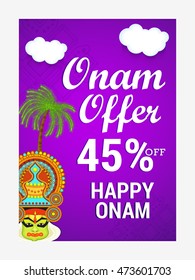 Creative sale banner or sale poster with colourful Kathakali face with heavy crown decorated with pearls and stone for festival of onam celebration.