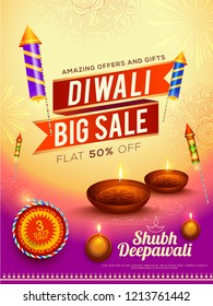 Creative sale banner or sale poster for festival of diwali celebration background.