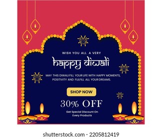 Cartel de venta creativa o afiche de venta para el festival de Diwali hasta un 30% de descuento.  Venta de Diwali. temporada de fiestas. diseño vectorial.